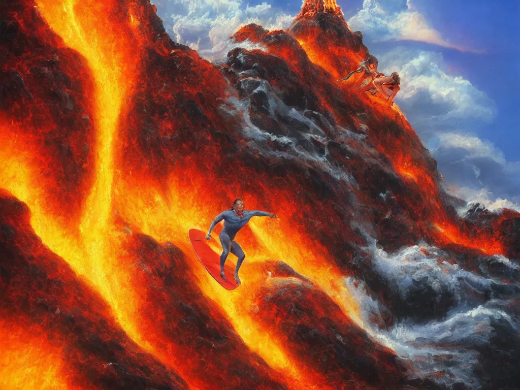 Prompt: detailed portrait of an arnold schwarzenegger surfing on lava by boris vallejo, volcano eruption on the background, stunning scene, 8 k, digital painting, hyperrealism, bright colors, trending on artstation