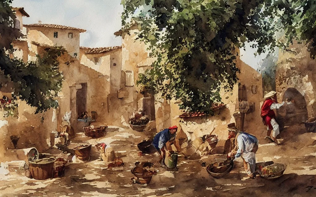 Image similar to beautiful watercolor painting by joseph zbukvic and alvaro castagnet, depicting a wine harvesting on a sunny day in a little italian village