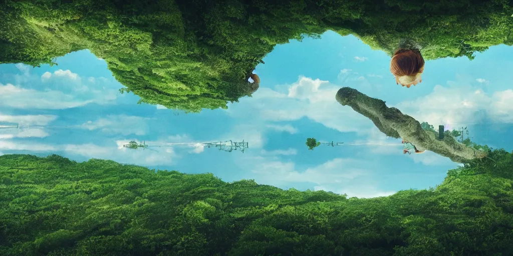 Image similar to a very high resolution image from a new movie, upside - down building, forest, sea, sky, mirror, beautiful scenery, photorealistic, photography, directed by wes anderson