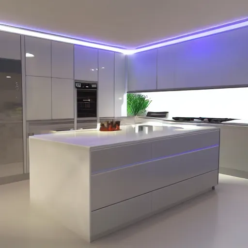 Prompt: modern kitchen with rgb led strip lighting, homes and gardens, super detailed render, award winning,