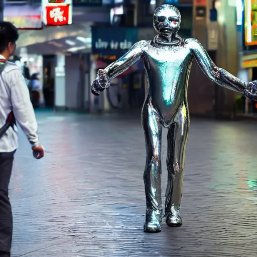 Image similar to a t - 1 0 0 0 cat made of liquid metal walking in the streets of hong kong and hugging a man, volumetric lighting, sharp focus, ultra detailed, cgsociety - w 1 0 2 4 - n 8 - i