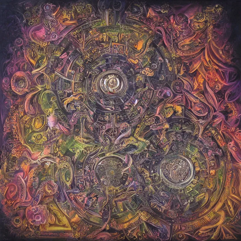 Image similar to biomechanical kali yantra mandala, volumetric shadows and lighting, psychedelic colors, realistic oil painting by h. r. giger,