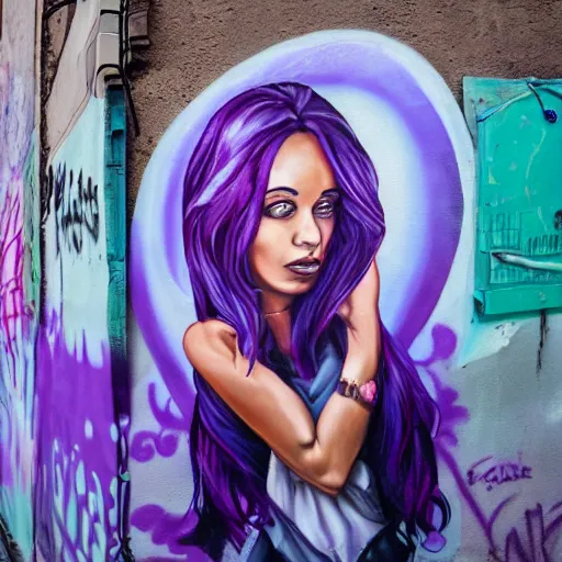 Prompt: a beautiful woman with purple hair in front of a spray painted murals in an alley in!! france