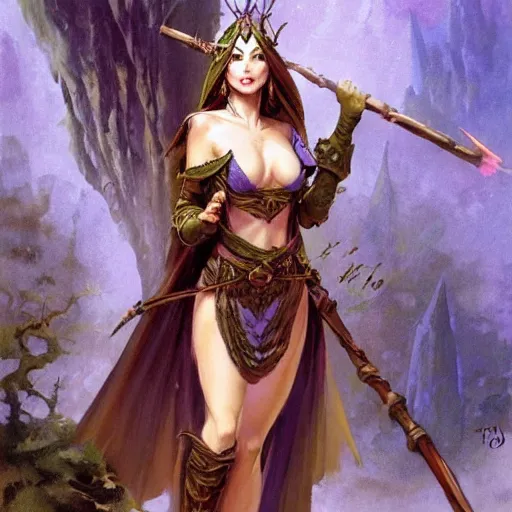 Image similar to elven princess character portrait by frank frazetta - wearing a dress, holding a staff, fantasy, dungeons & dragons, sharp focus, beautiful, artstation contest winner, detailed