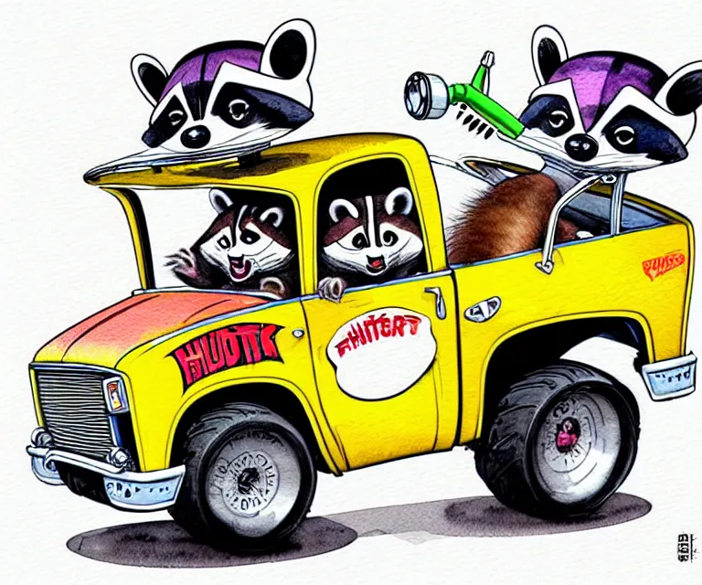 Image similar to cute and funny, racoon wearing a helmet riding in a tiny hot rod shortbed chevy truck with oversized engine, ratfink style by ed roth, centered award winning watercolor pen illustration, isometric illustration by chihiro iwasaki, edited by range murata