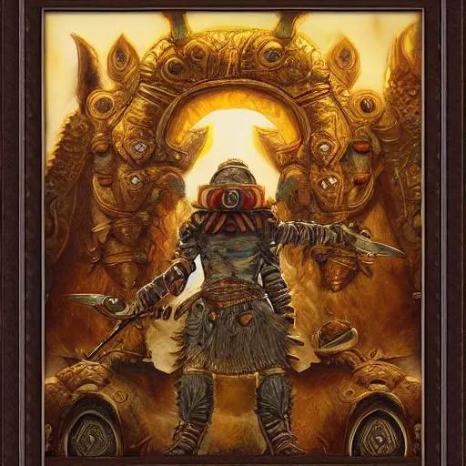 Prompt: digital painting incan card frame, by filipe pagliuso and justin gerard, symmetric, fantasy, realistic, highly detailed, realistic, intricate, sharp focus, tarot card frame, peruvian