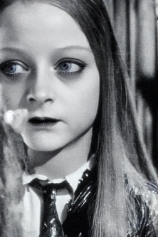 Image similar to Young Jodie Foster as Wednesday in The Addams Family movie 1991