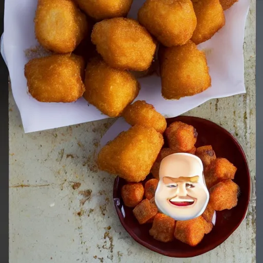 Image similar to food photo of channing tatum's face on top of giant tater tot on a plate with ketchup