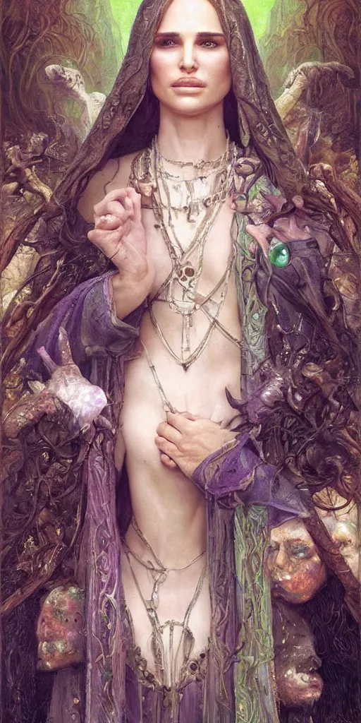 Image similar to epic masterpiece portrait of priestess played by natalie portman, followed by head with many souls, beautiful face and flawless skin, perfect hands, emeralds by Edgar Maxence and Ross Tran and Michael Whelan