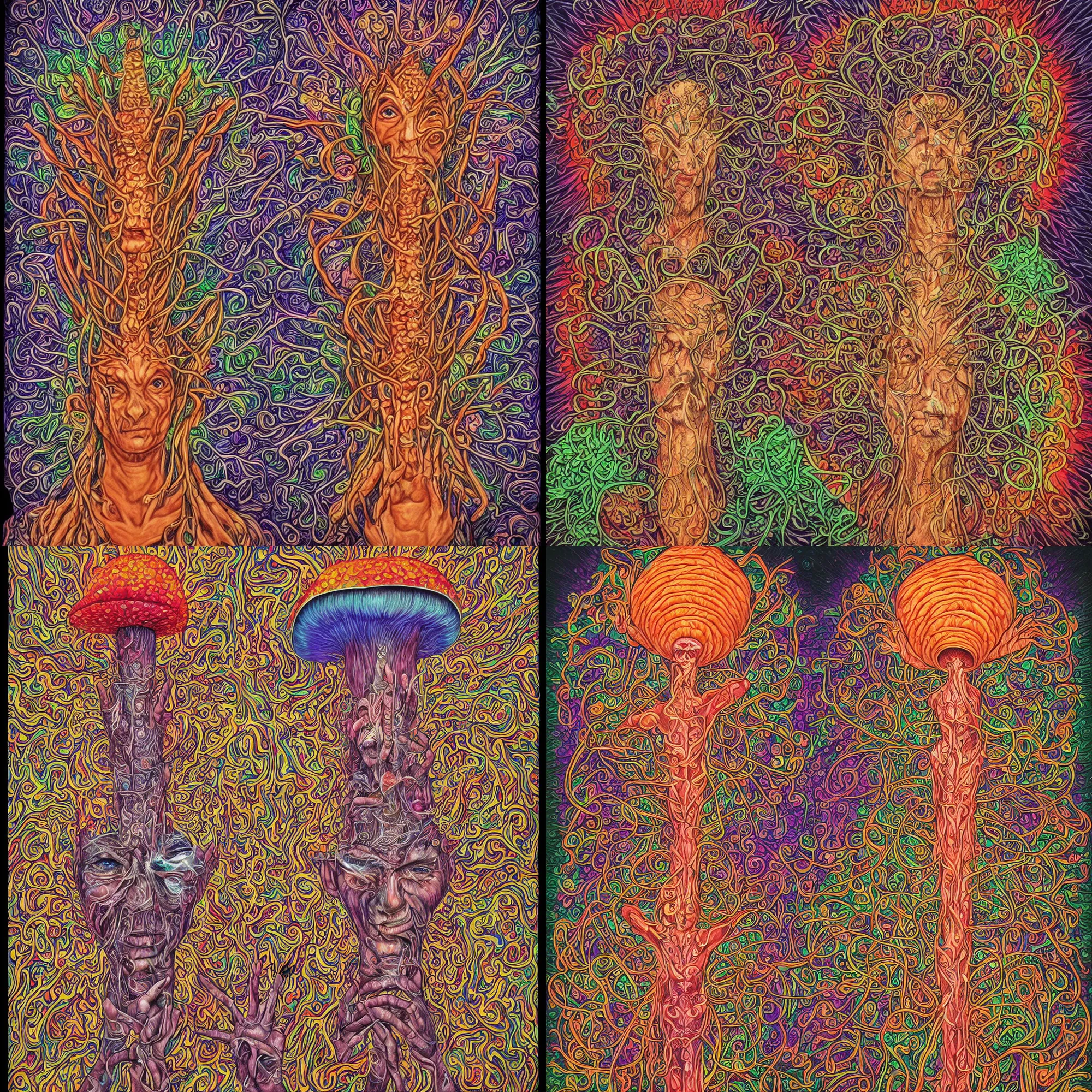 Prompt: an enlightened mushroom shaman by Alex Grey