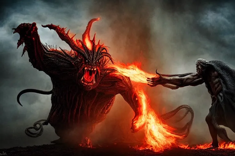 Image similar to movie still, huge balrog fighting normal sized gandalf at the bridge of khazad - dum, style of h. r. giger, fiery, dark, realistic movie still, cinematic, cgi,