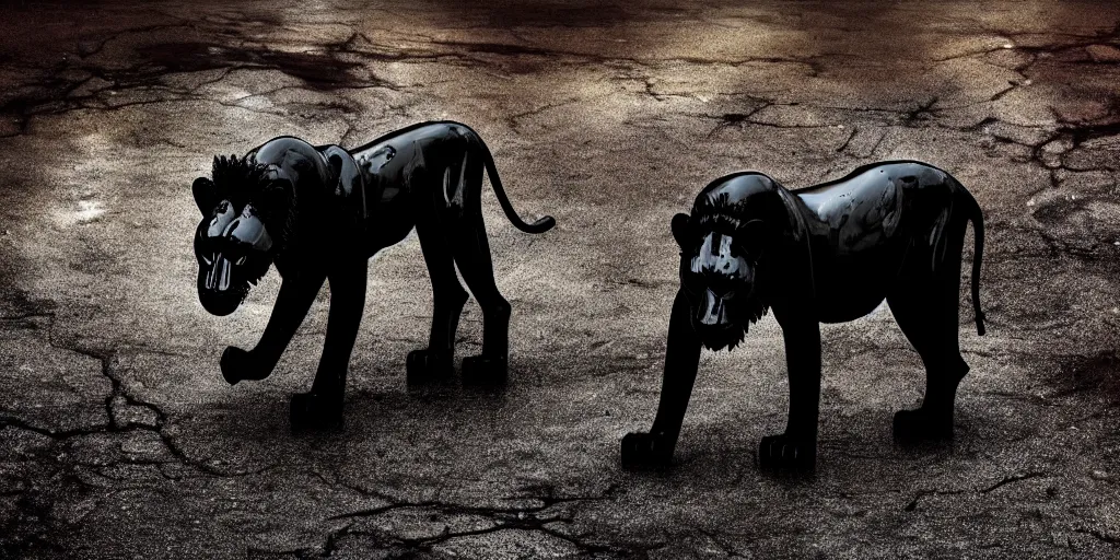 Prompt: the black lioness made of goo, stalking prey in the tar covered alley at night, viscous, sticky, dripping black goo, dripping goo, sticky black goo. photography, dslr, reflections, black goo, rim lighting, cinematic light, horror, contrast, volumetric, neon, tar pit