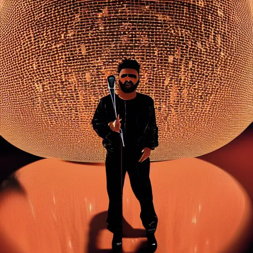 Image similar to the weeknd inside a huge disco ball, wearing black jumpsuit and holding a microphone, hyper detailed, realistic, octane render, sharpness