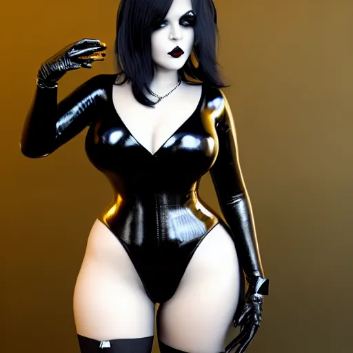 Prompt: curvy feminine goth bombshell in an elaborate polished black-silver latex outfit, thin waist, cgsociety, photorealistic, sublime ambience, idealistic, 16k, smooth, sharp focus, trending on ArtStation, volumetric lighting