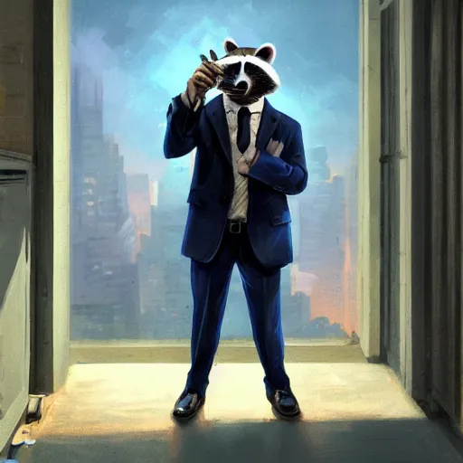 Image similar to a racoon wearing a suit smoking a cigar, dramatic lighting, cinematic, establishing shot, extremly high detail, photorealistic, cinematic lighting, artstation, style by James Gurney