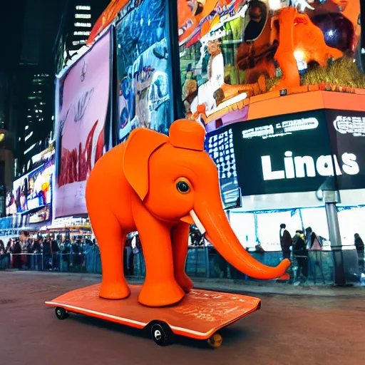 Image similar to an orange elephant on a skateboard in times square at night