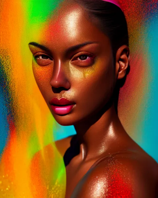 Image similar to photo half body portrait of very beautiful woman, face emerging from pool of colorful oils, brown skin, realism, extreme detail, real life, key art, soft light, volumetric light, 3 - d shadows, photo by james jean and wlop, photoshoot