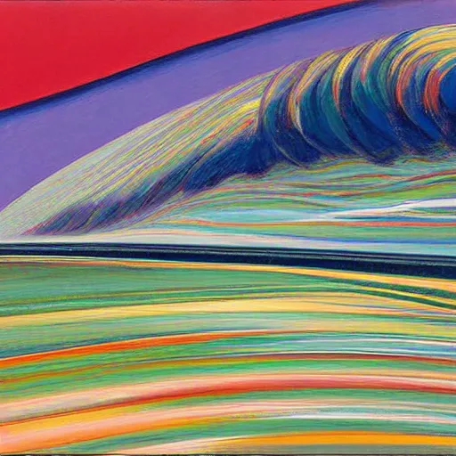 Image similar to A wild, insane, modernist landscape painting. Wild energy patterns rippling in all directions. Curves, organic. Saturated color. Mountains. Clouds. Rushing water. Wayne Thiebaud.