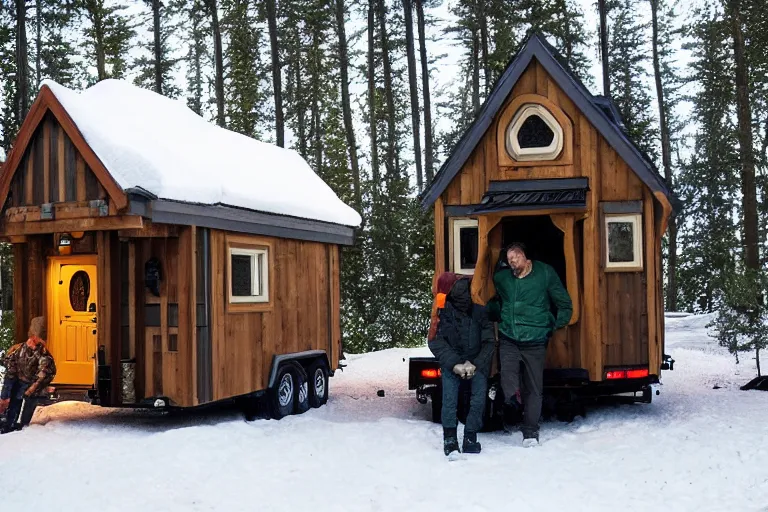 Image similar to movie scene, real life team of gnome people building a tiny house in their forest village natural lighting by emmanuel lubezki