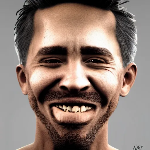 Image similar to a man that successfully escaped his internal hell and looks genuinely happy, he would fit into most social situations and be seen as a good man. he was wise. hyperrealism, trending on artstation.