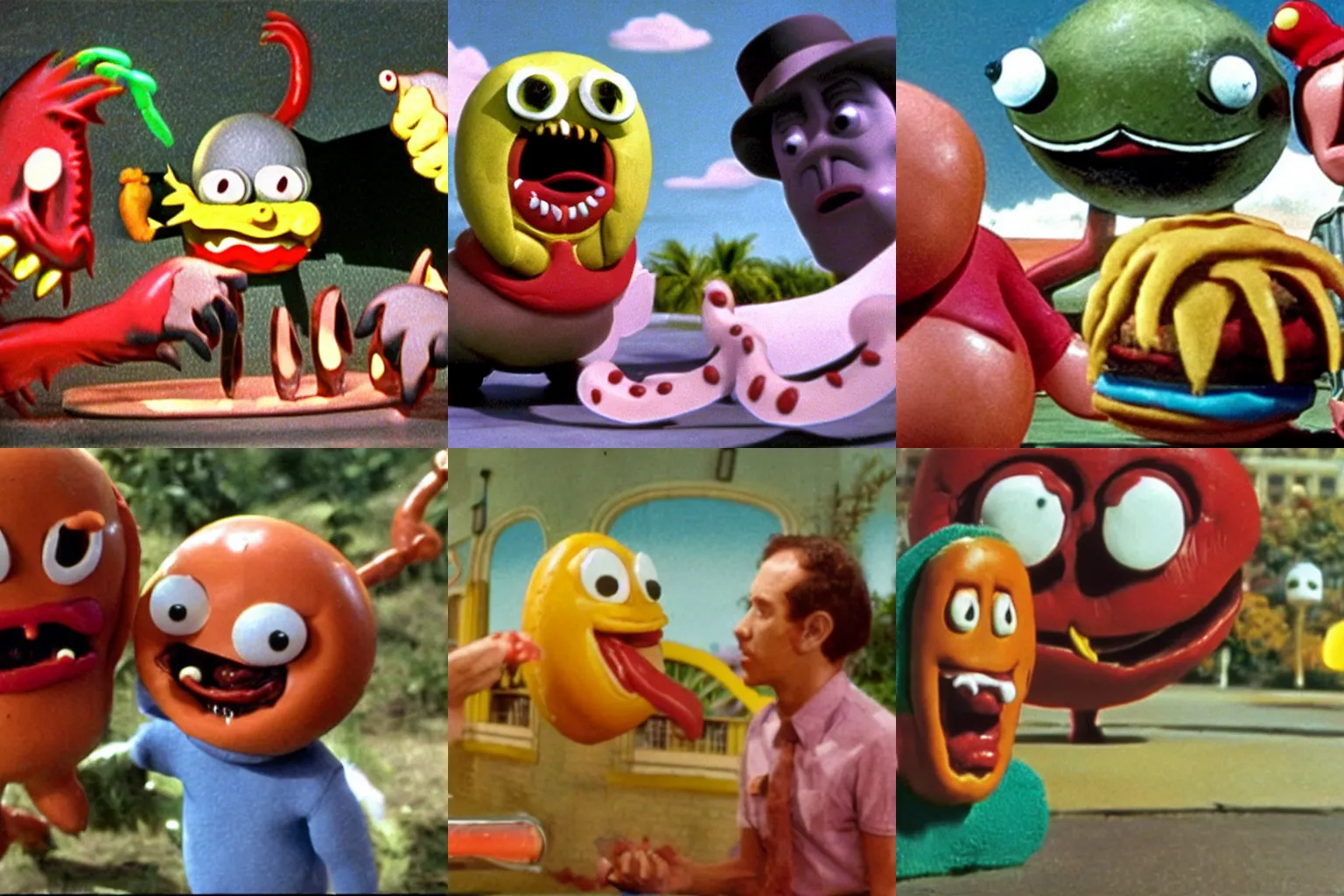 Prompt: Color movie still from Hot Dog monster vs Hamburger monster by Ray Harryhausen