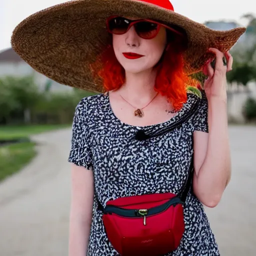 Prompt: red headed woman wearing a wide brimmed straw hat and a fanny pack