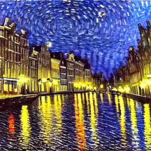 Prompt: amsterdam by night, oil on canvas by Van gogh