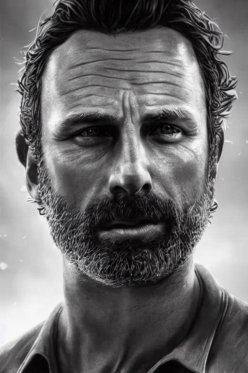 Image similar to portrait art of rick grimes 8 k ultra realistic, digital art, character portrait, highly detailed, trending on artstation, lens flare, atmosphere, hyper realistic, cinematic lightning, sharp focus, unreal engine 5, extreme details perfect face, pretty face, fine - face, illustration, 8 k, ultra texture, masterpiece