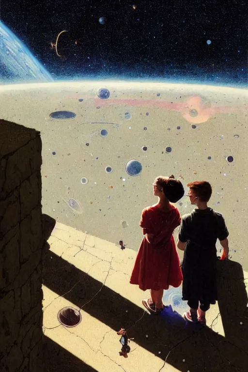 Image similar to a 1 2 year old boy and 1 0 year old girl looking at a wall and viewing the universe full of galaxies, part by norman rockwell, part by greg rutkowski, part by mattias adolfsson, high angle, ( ( ( ( volumetric lighting ) ) ) ), oil on canvas