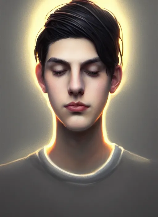 Image similar to portrait of teenage jughead jones wearing a light grey crown, photorealistic, crown, eyes closed, crown, black hair, intricate, elegant, glowing lights, highly detailed, digital painting, artstation, concept art, smooth, sharp focus, illustration, art by wlop, mars ravelo and greg rutkowski