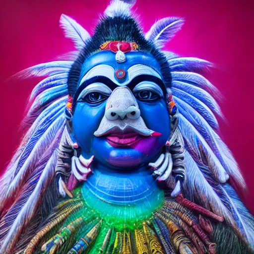 Image similar to photo of 8k ultra realistic Indian deity mouth filled with multi color crayons, clear sky, full of colour, cinematic lighting, battered, trending on artstation, 4k, hyperrealistic, focused, extreme details,unreal engine 5, cinematic, masterpiece, art by John Berkey
