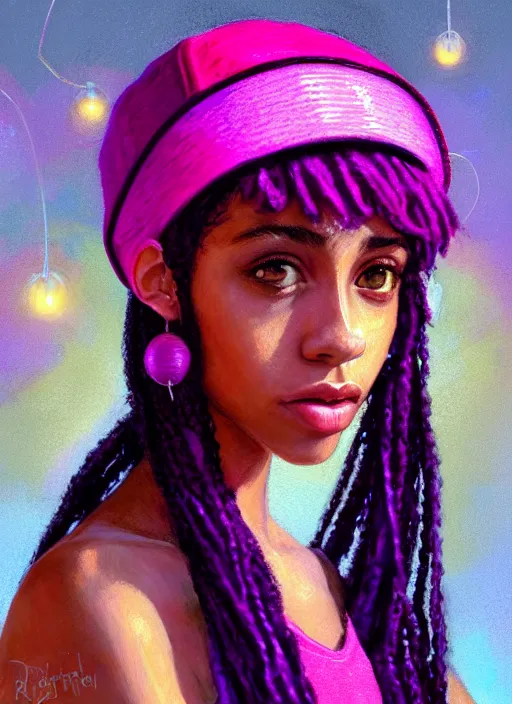 Image similar to portrait of teenage vanessa morgan with bright pink hair, black girl, curly pixie cut hair, wearing a purple breton cap, breton cap, hoop earrings, intricate, elegant, glowing lights, highly detailed, digital painting, artstation, concept art, smooth, sharp focus, illustration, art by wlop, mars ravelo and greg rutkowski