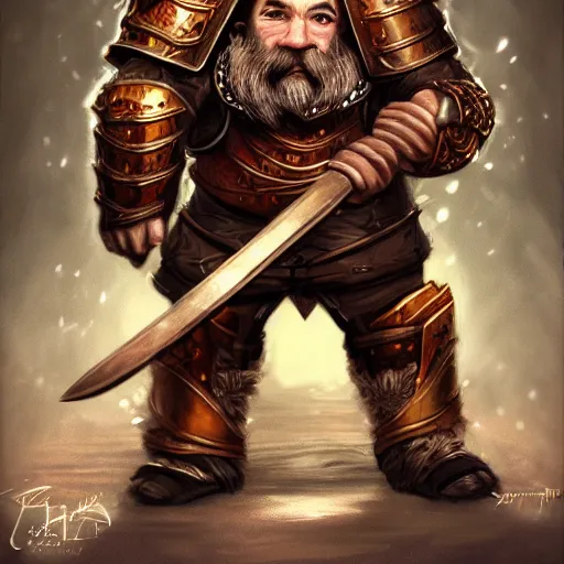 Prompt: middle - aged dwarven male, auburn hair and beard, wearing cataphract armor, wielding a large hammer, fantasy art, dungeons and dragons, concept art, trending on artstation