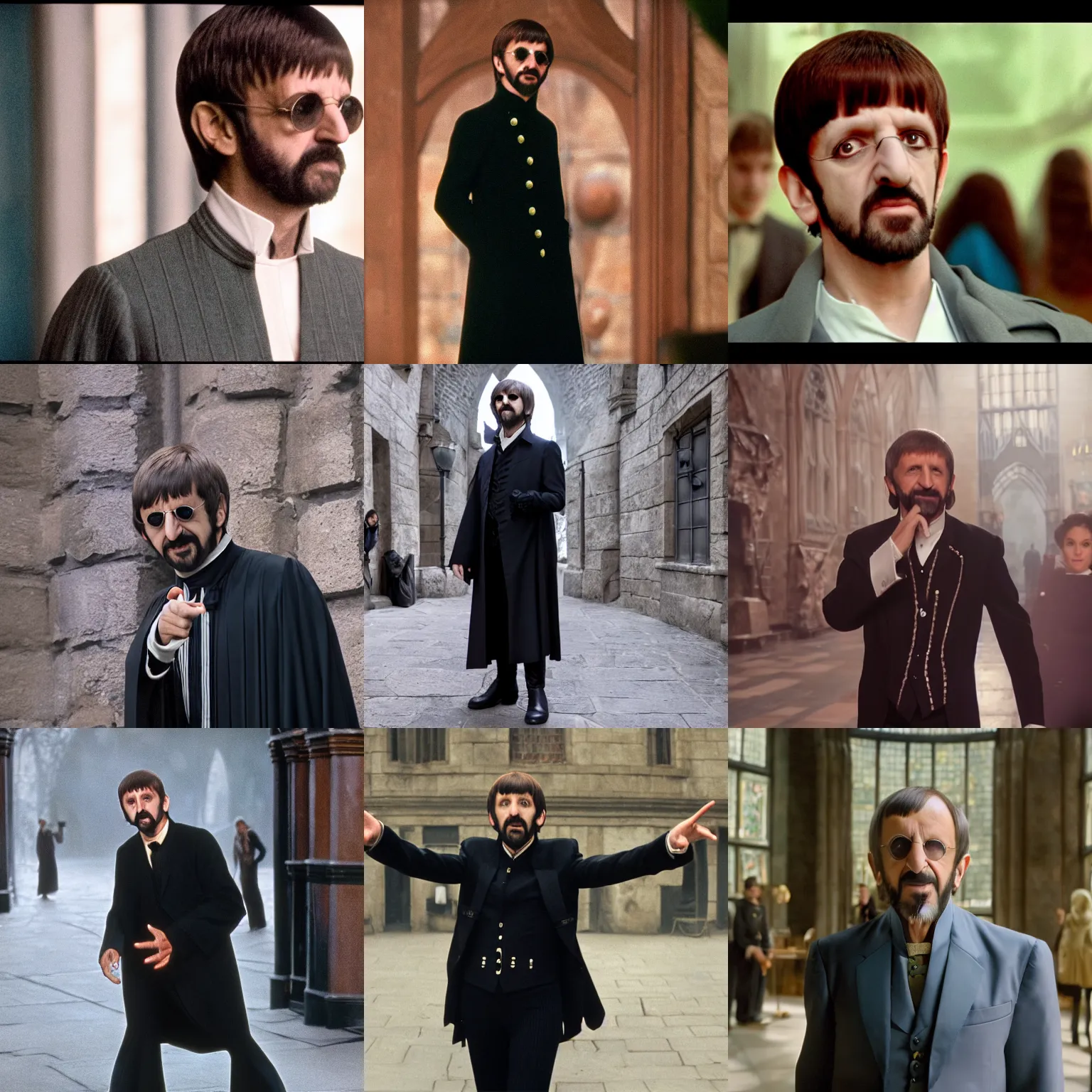 Prompt: Ringo Starr cameo in Harry Potter, XF IQ4, f/1.4, ISO 200, 1/160s, 8K, Sense of Depth, color and contrast corrected, unedited, Dolby Vision, symmetrical balance, in-frame