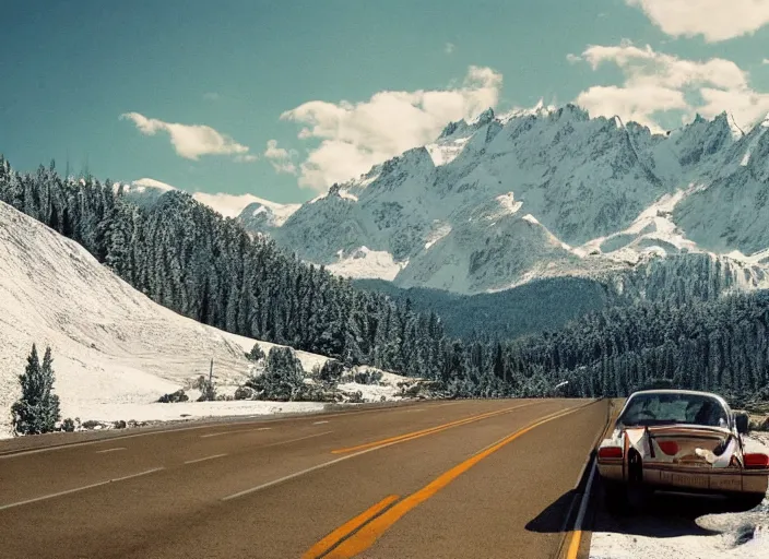 Image similar to A very high resolution image from a new movie, landscape from a car window , mountains, snowy, snowy mountains, Polaroid, directed by wes anderson