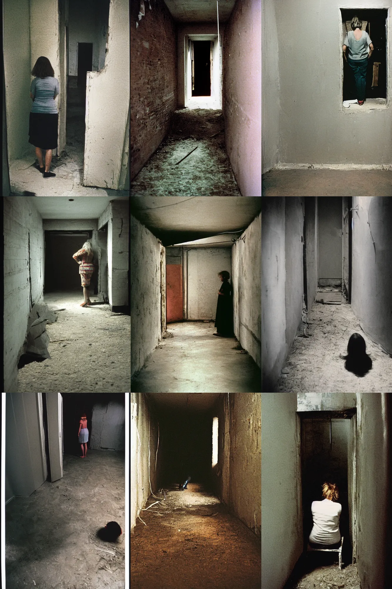 Prompt: color photograph, view from behind, a woman in the empty basement, 1 9 9 0 photograph magazine