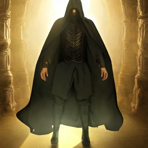 Image similar to a portrait of a man wearing a long dark cloak, hood and shadows covering face, holding golden chains, oil painting, Volumetric Golden dappled dynamic lighting, Highly Detailed, Cinematic Lighting, Unreal Engine, 8k, HD