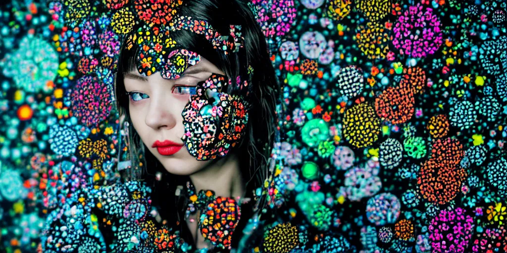 Image similar to cyberpunk girl, vintage style, wrapped in flowers and wired, in the style of yayoi kusama, sigma 8 5 mm f 1. 8