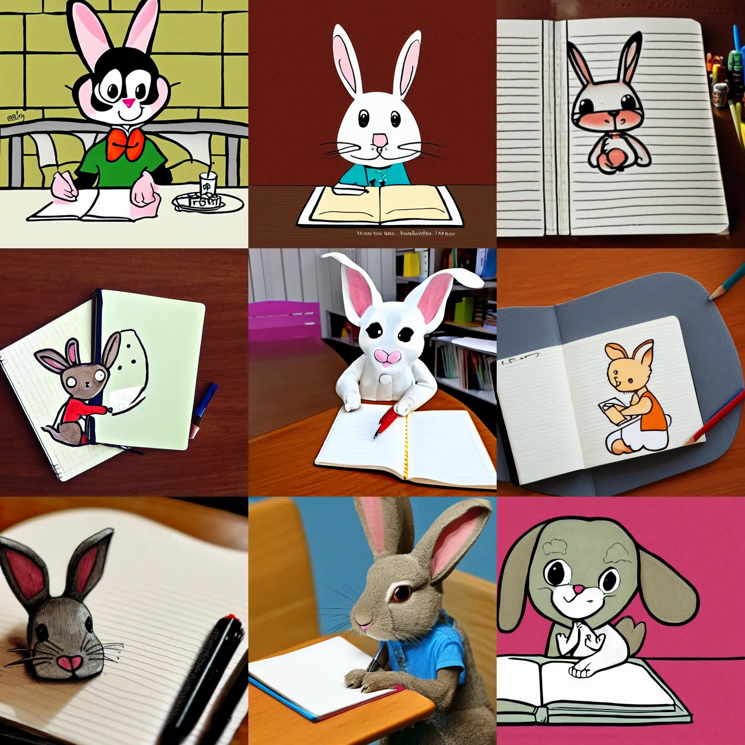 Prompt: a cute cartoon rabbit sitting at a table and writing on a notebook, Children's Book Illustration, Gene Luen Yang