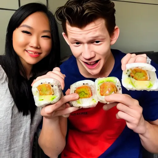 Prompt: Tom Holland eating spam musubi with a Filipina college girl