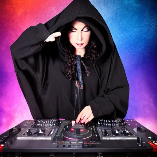 Image similar to a witch wearing a dark hooded cloak on the dj decks