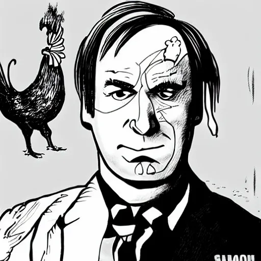 Image similar to saul goodman and a rooster in a medieval torture chamber, saw blades and knives in the background, horror movie, saul goodman!!!!, rooster!!!!, real life photo, detailed face!