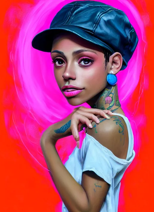 Image similar to portrait of teenage vanessa morgan with bright pink hair, black girl, curly pixie cut hair, wearing newsboy cap, pink short haircut, newsboy cap, hoop earrings, blue eyes, intricate, elegant, glowing lights, highly detailed, digital painting, artstation, concept art, smooth, sharp focus, illustration, art by wlop, mars ravelo and greg rutkowski