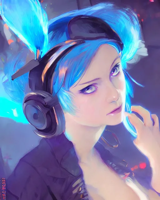 Image similar to pretty girl djing at a rave, blue hair, rem rezero, sharp focus, digital painting, 8 k, concept art, art by wlop, artgerm, greg rutkowski and alphonse mucha