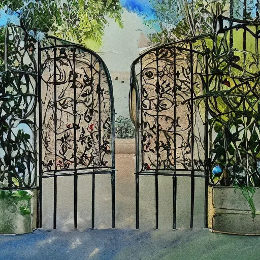 Image similar to delicate, chairs, garden, paved, botanic watercolors, iridescent, 8 k, realistic shaded, fine details, artstation, italian, iron gate, tree, mediterranean