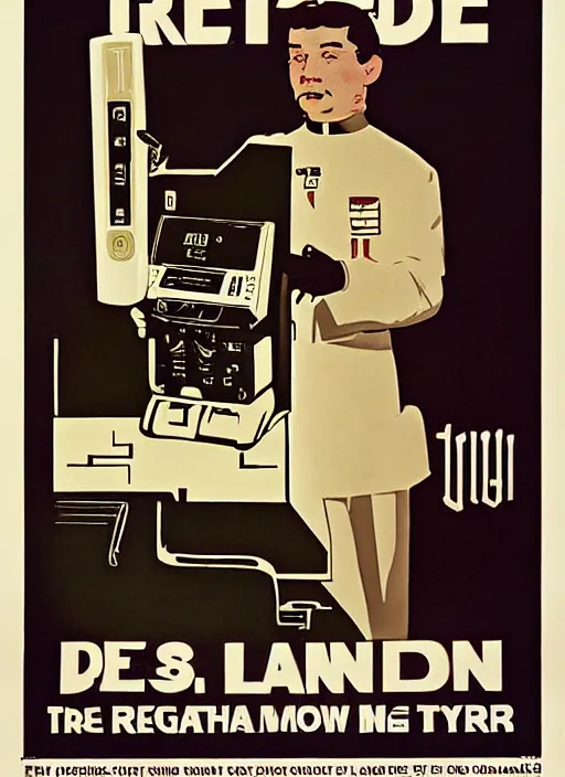 Prompt: poster advertisement for a Tricorder, (retro poster), by Reginald Montague Lander, By Tom Purvis, By Joseph Binder