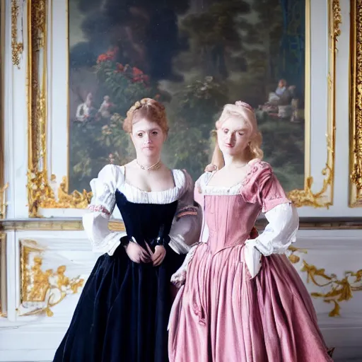 Image similar to two young attractive beautiful scandinavian women wearing an 1 8 th century dress in versailles, cinematic, 8 k hdr, detailed, hyperrealistic