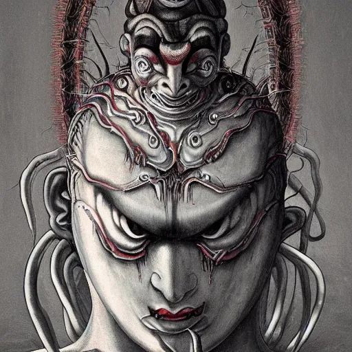 Image similar to naraka buddhist demon korean female, angry female alien, epic samurai warrrior, tubular creature, blood vessels, no face, dystopian surrealism, alex ries zdzisław beksinski, symmetrical long head, smooth marble surfaces, smooth marble surfaces, detailed ink illustration, detailed ink illustration, raiden metal gear, cinematic smooth stone, deep aesthetic