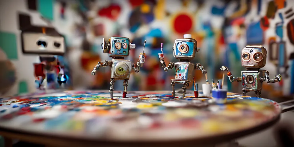 Image similar to closeup portrait of tin toy retro robots painters mixing gouache on white paper table in an artist workshop, depth of field, zeiss lens, detailed, centered, fashion photoshoot, by nicoletta ceccoli, mark ryden, lostfish, breathtaking, 8 k resolution, extremely detailed, beautiful, establishing shot, artistic, hyperrealistic, octane render