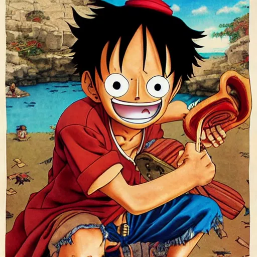 Prompt: Luffy, the kig of the pirates, movie poster, artwork by Norman Rockwell